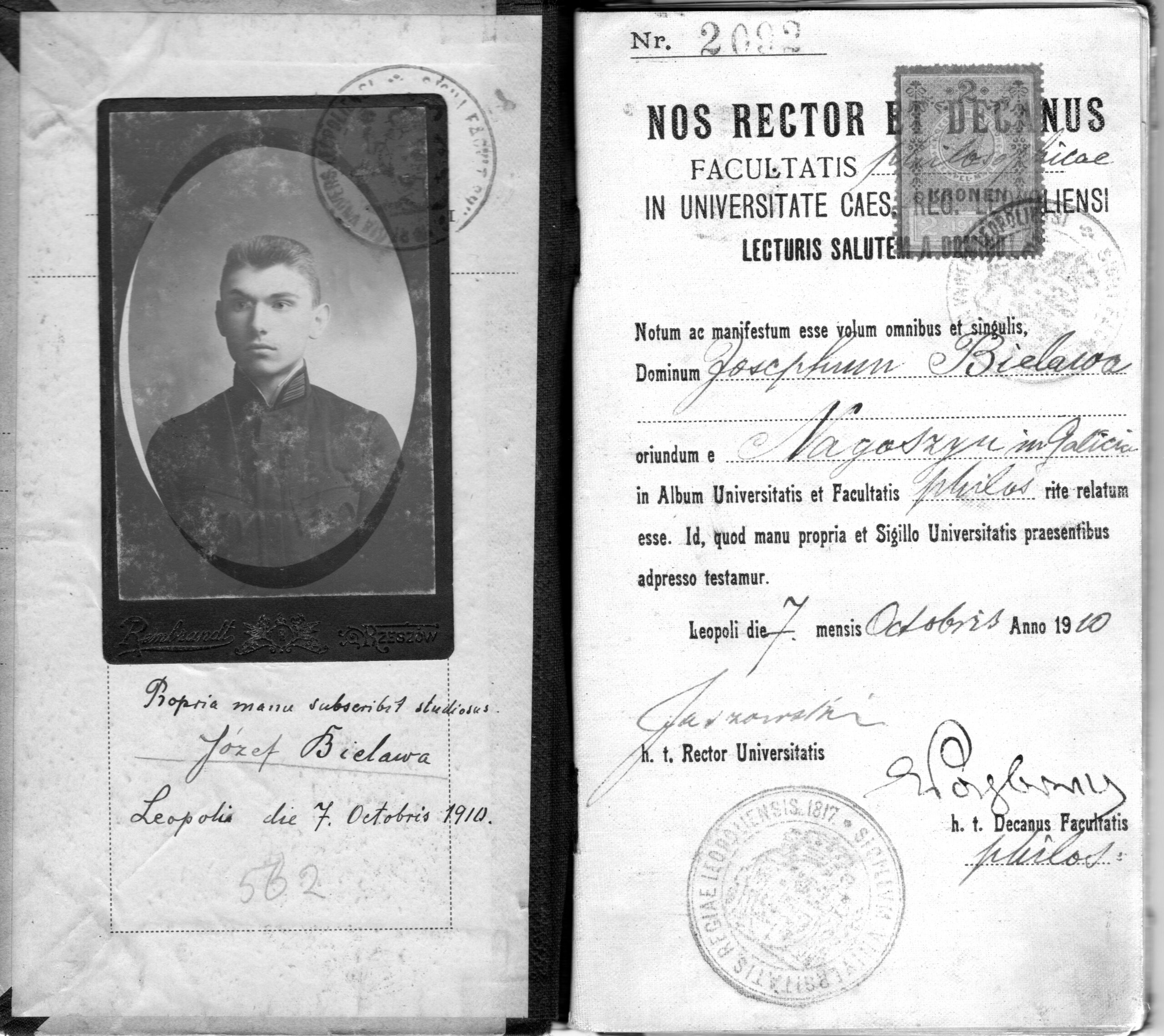 Dyplom uniwersytecki Józefa Bielawy