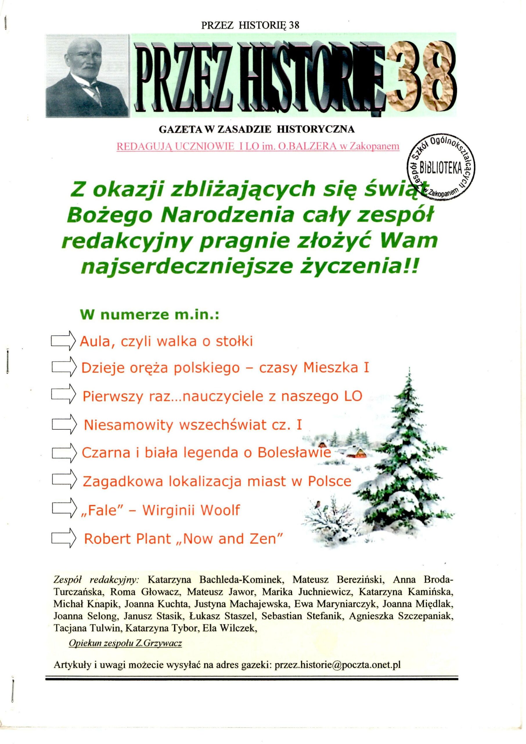 Strona tytułowa gazetki PRZEZ HISTORIĘ